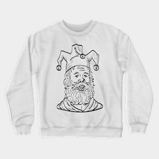 Old Court Jester or Fool Wearing Hat and Beard Viewed from Front Tattoo Drawing Black and White Crewneck Sweatshirt